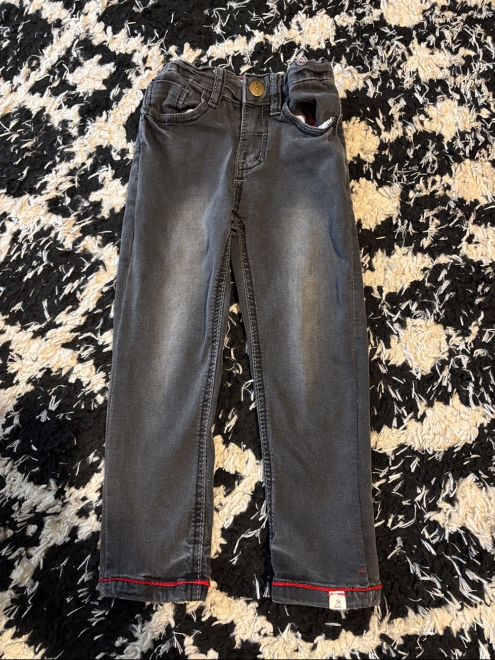 Kids' Charcoal Washed Stretch Jeans with Red Hem Detail